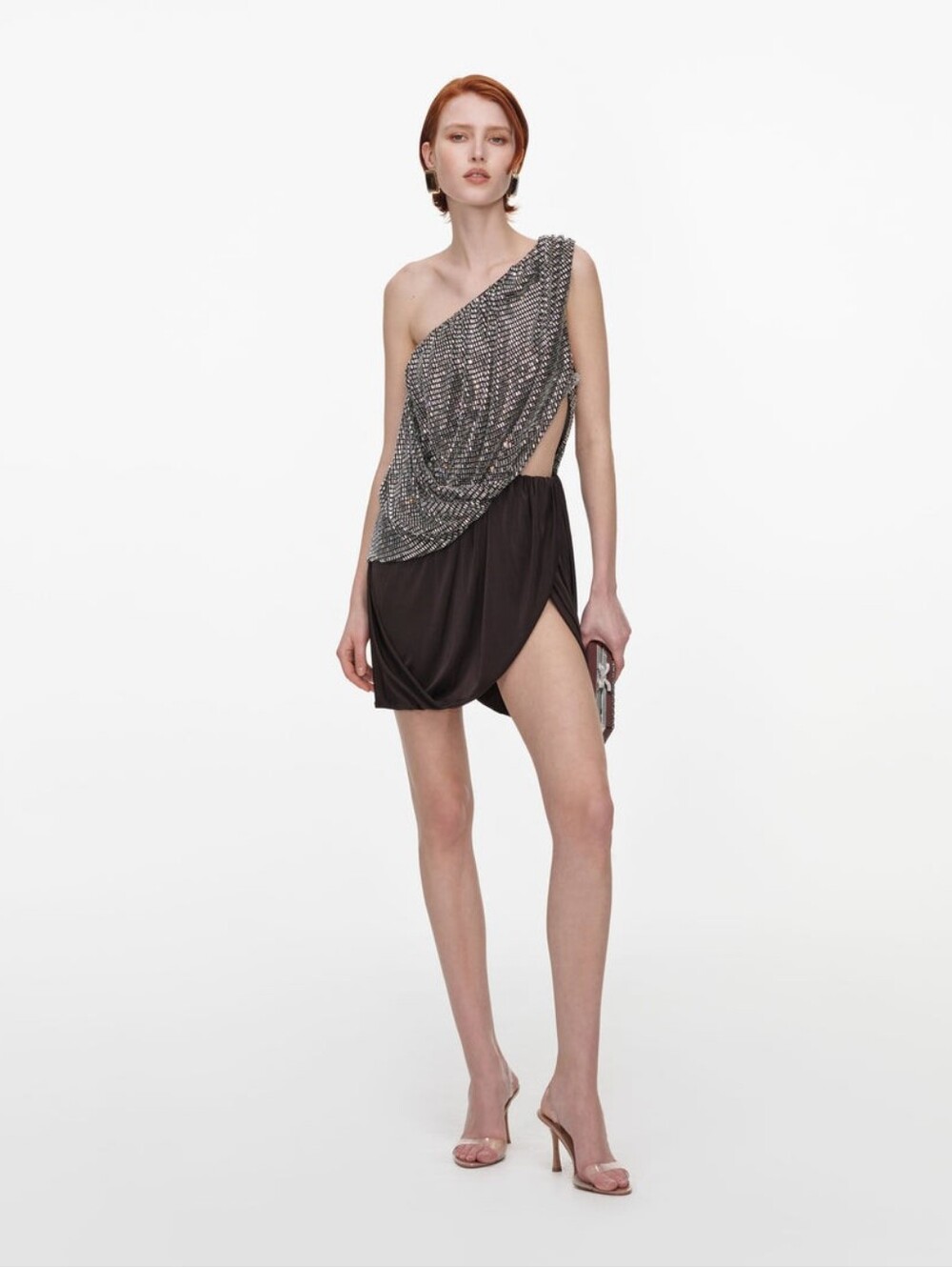 Self Portrait Rhinestone One Shoulder Drape Mini Dress - Picture 2 of 6